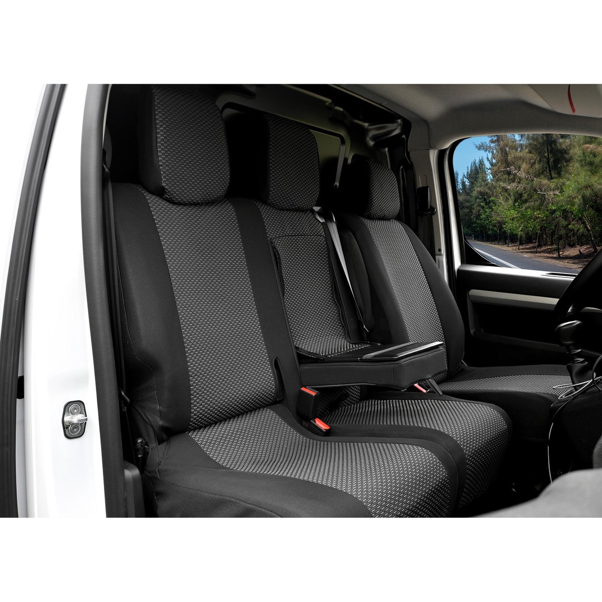 Pokrowce do Citroen Jumpy III / SpaceTourer od 2016 / od 2024 - 3 miejsca CAŁE OPARCIE ZE STOLIKIEM, DZIELONE SIEDZISKO | Seria LUX