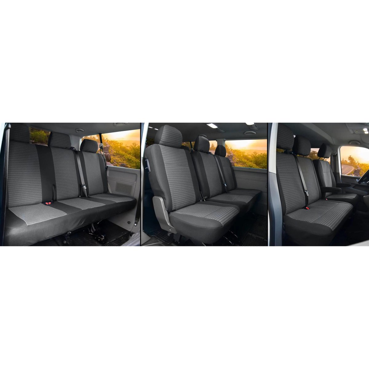 Pokrowce do VW T6 od 2015 / T6.1 od 2019 - 9 miejsc Z PRZODU CAŁE OPARCIE ZE STOLIKIEM, CAŁE SIEDZISKO | Seria LUX