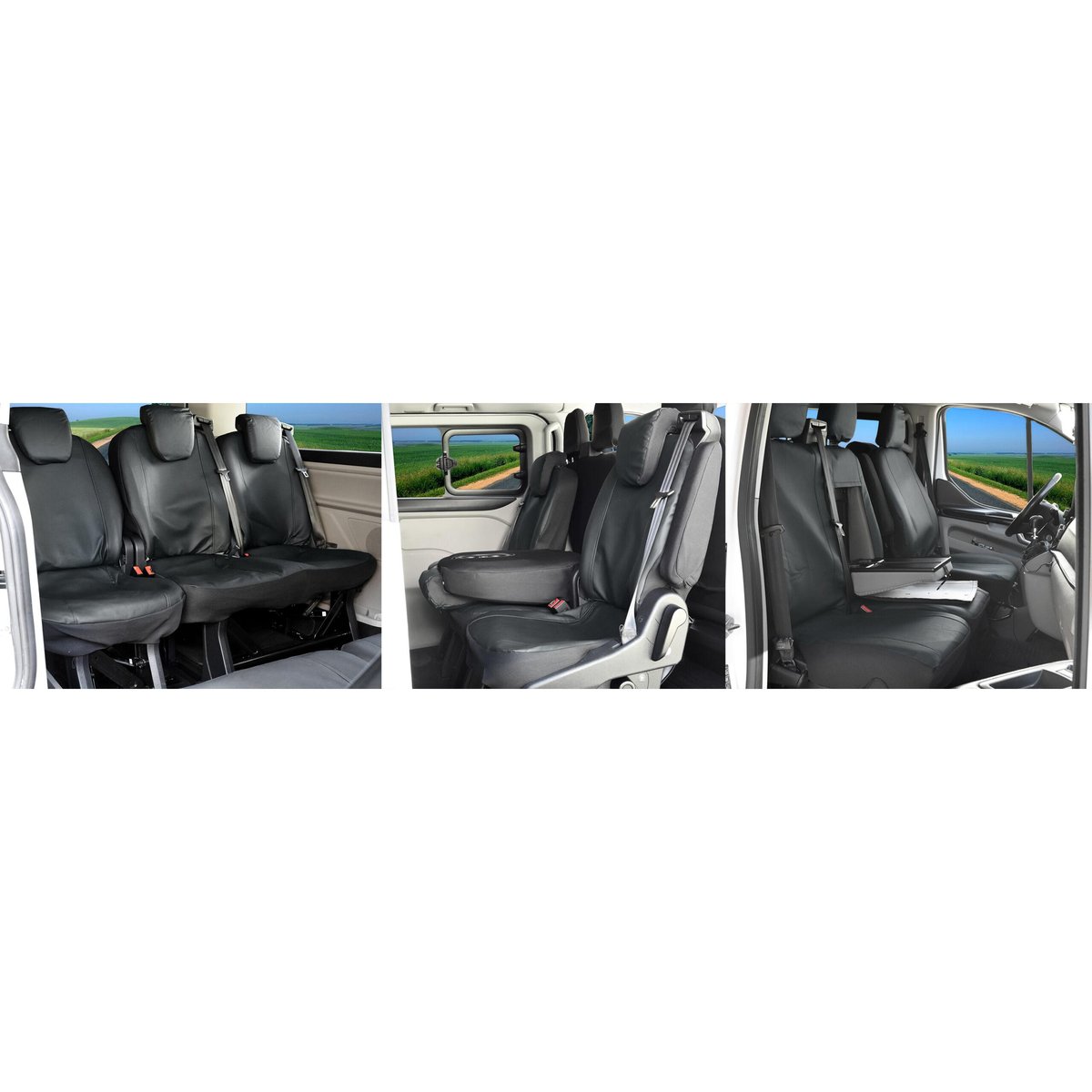 Pokrowce do Ford Tourneo Custom I od 2012 do 2018 - 9 miejsc KOMPLET, W PIERWSZYM RZĘDZIE CAŁE OPARCIE ZE STOLIKIEM I DZIELONE SIEDZENIE | Seria VIP