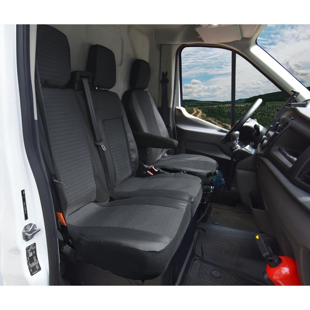 Pokrowce do Ford Transit Custom I od 2012 do 2023 - 3 miejsca CAŁE OPARCIE ZE STOLIKIEM, DZIELONE SIEDZISKO | Seria VIVA