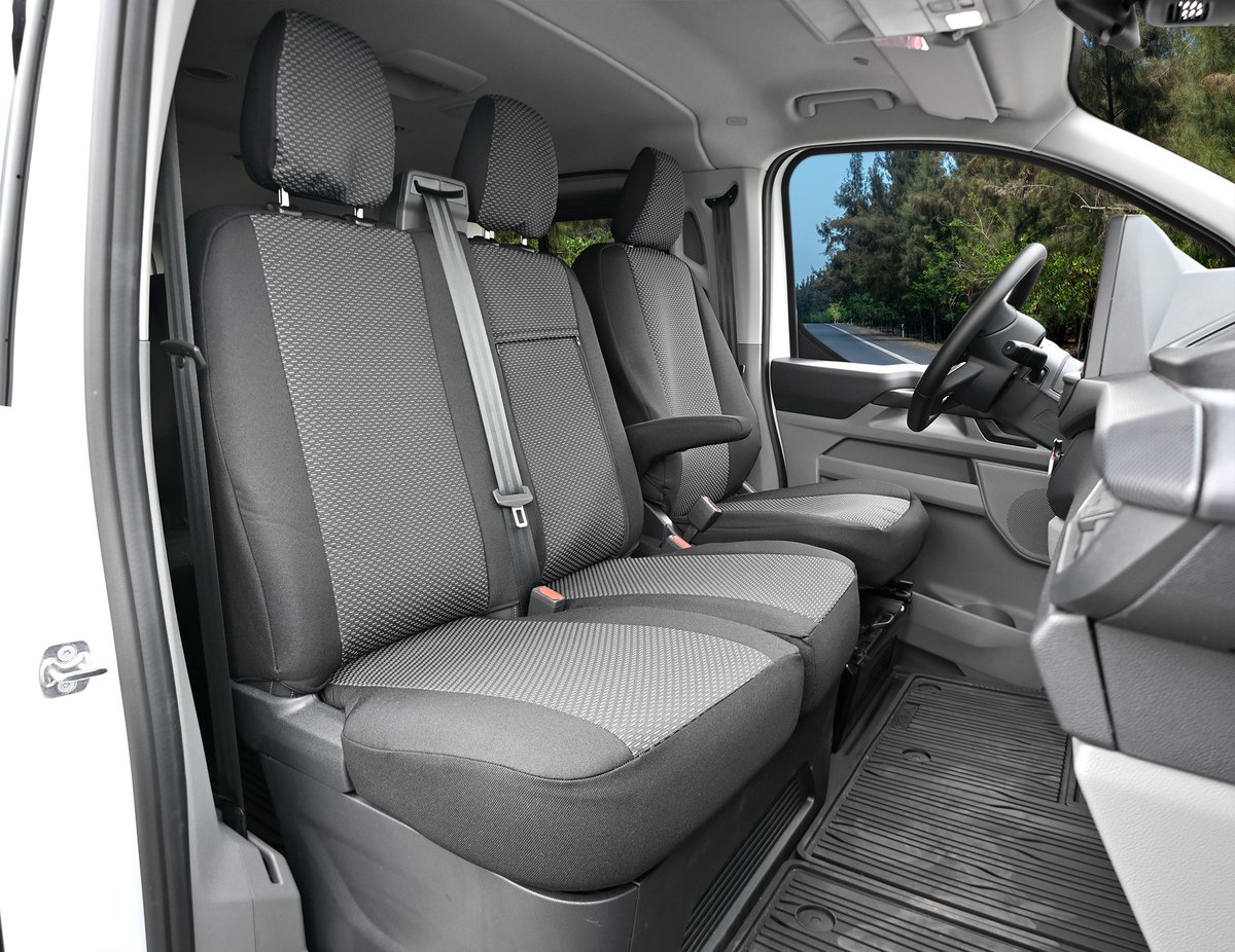 Pokrowce do Ford Transit Custom II od 2024 - 3 miejsca CAŁE OPARCIE ZE STOLIKIEM, DZIELONE SIEDZISKO | Seria LUX