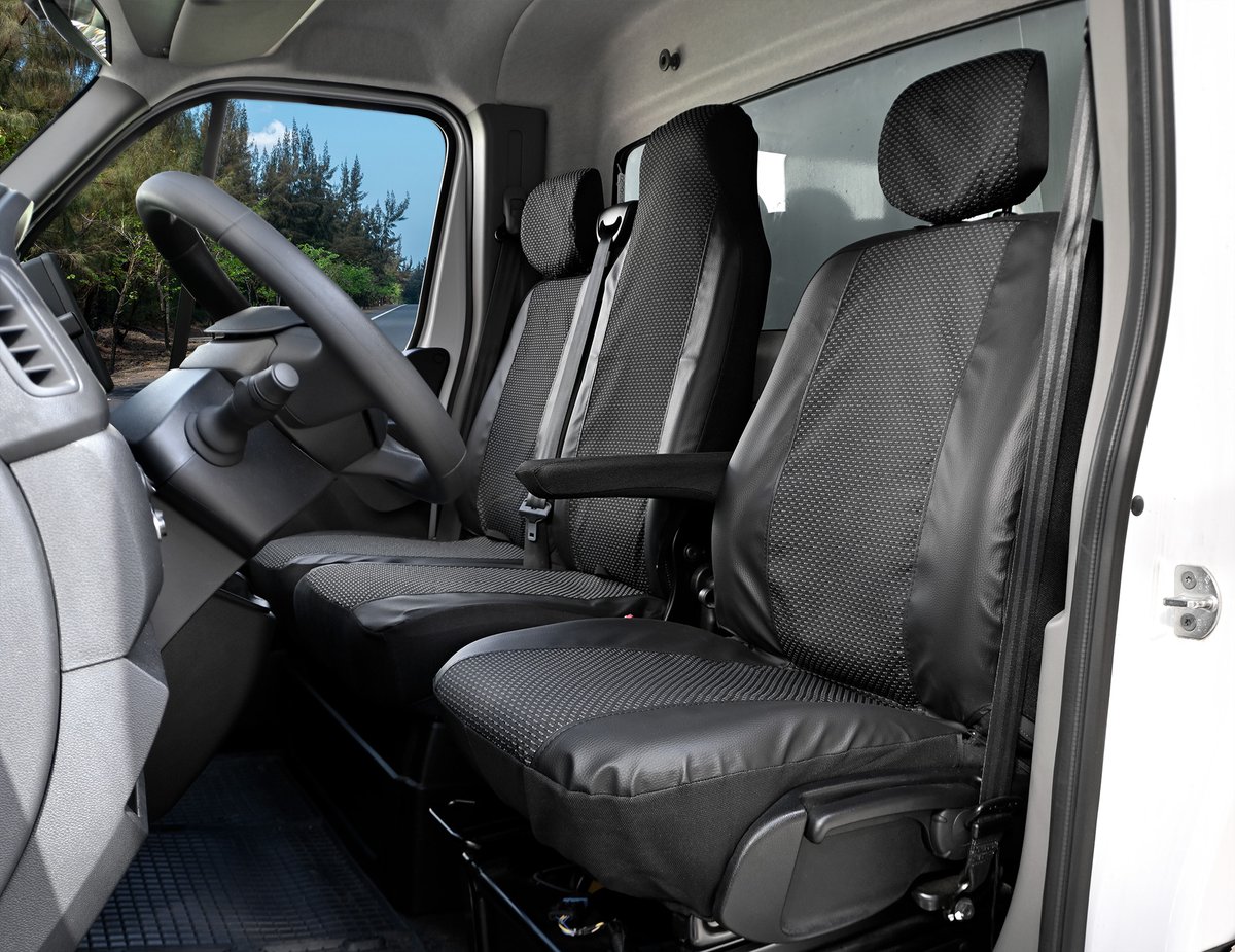 Pokrowce do Renault Master III od 2010 do 2023 - 3 miejsca DZIELONE OPARCIE Z KŁADZIONYM STOLIKIEM I DZIELONE SIEDZENIE | Seria VIVA