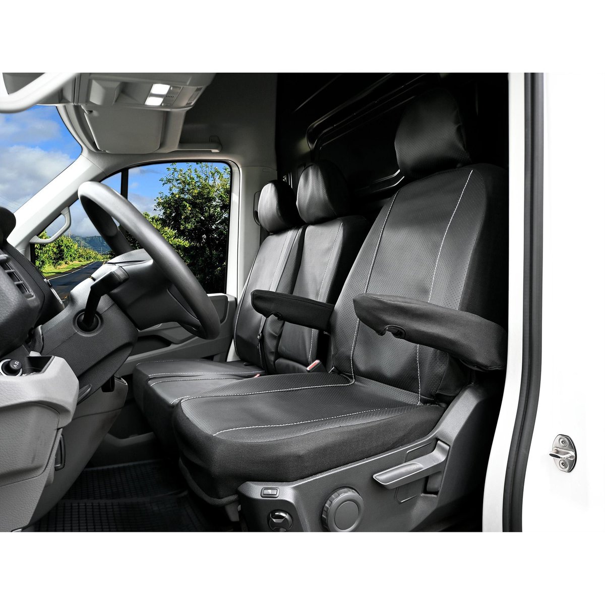 Pokrowce do Volkswagen Crafter II od 2017 / od 2024 - 3 miejsca CAŁE OPARCIE BEZ STOLIKA, DZIELONE SIEDZISKO | Seria VIP PLUS