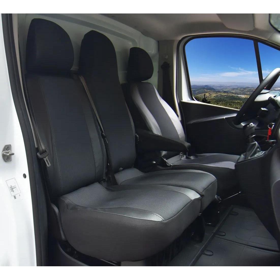 Pokrowce do Renault Trafic III od 2014 do 2021 - 3 miejsca DZIELONE OPARCIE Z KŁADZIONYM STOLIKIEM I DZIELONE SIEDZENIE | Seria VIVA