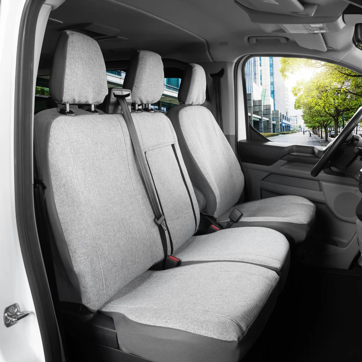 Pokrowce do Ford Transit Custom od 2024 - 3 miejsca CAŁE OPARCIE ZE STOLIKIEM, SIEDZENIE DZIELONE | Seria AQUALEN